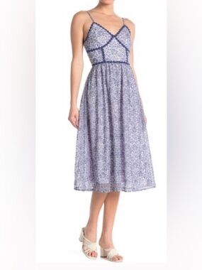 NSR‎ Blue Lace-Trim Floral Midi Dress